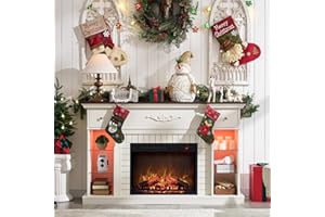 IFBUY 54" Farmhouse Electric Fireplace with Mantel, 33" Tall LED Fireplace TV Stand w/7 Lighting Colors, 23'' Freestanding Electric Fireplace Heater, Open Adjustable Shelves & Drawers, White