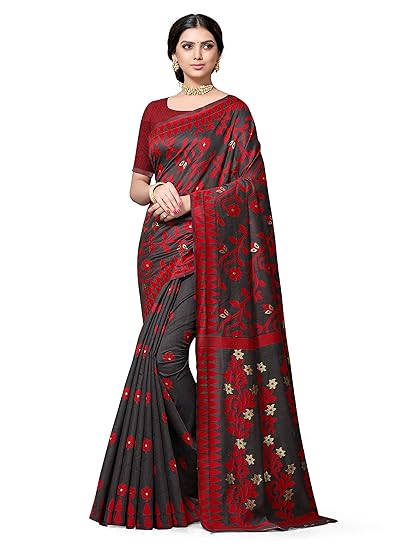 Women's Handloom Blue Resham Dhakai Jamdani Soft Cotton Silk Saree With Blouse Piece.