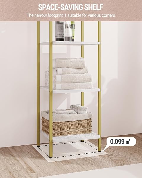 HZUANERI BOOKCASE BOOKSHELF, NARROW BOOK SHELF, INDUSTRIAL CORNER SHELF STORAGE ORGANIZER, SLIM SHELVING UNIT FOR HOME OFFICE, LIVING ROOM, BEDROOM, KITCHEN, 5-TIER WHITE GOLD BC24513G