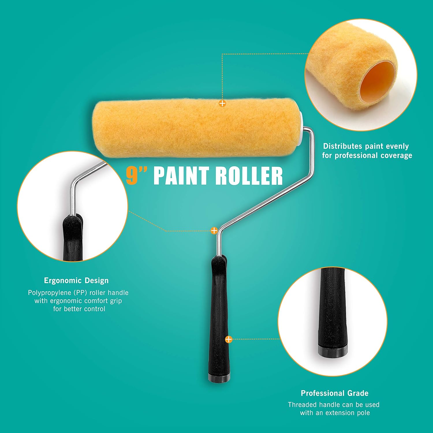 5 Pieces 9" inch x 3/8 nap Paint Roller Kit. Wall Painting Supplies Kit for House Improvement Projects - Including a 9" inch Paint Roller Frame, (3) 9” x 3/8” High-Density Roller Covers and Paint Tray - - 
