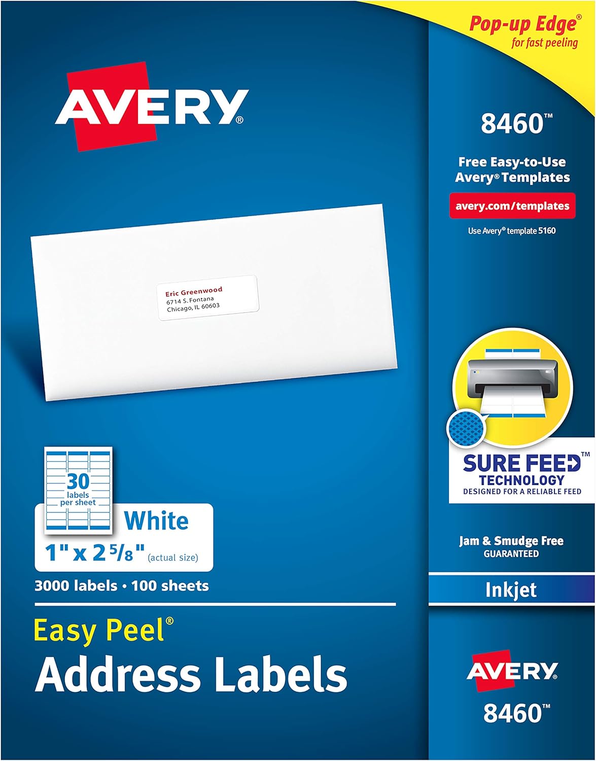 Avery Address Labels with Sure Feed for Inkjet Printers, 1" x 2-5/8", 3, 000 Labels, Permanent Adhesive (8460), White : Address Labels : Office Products