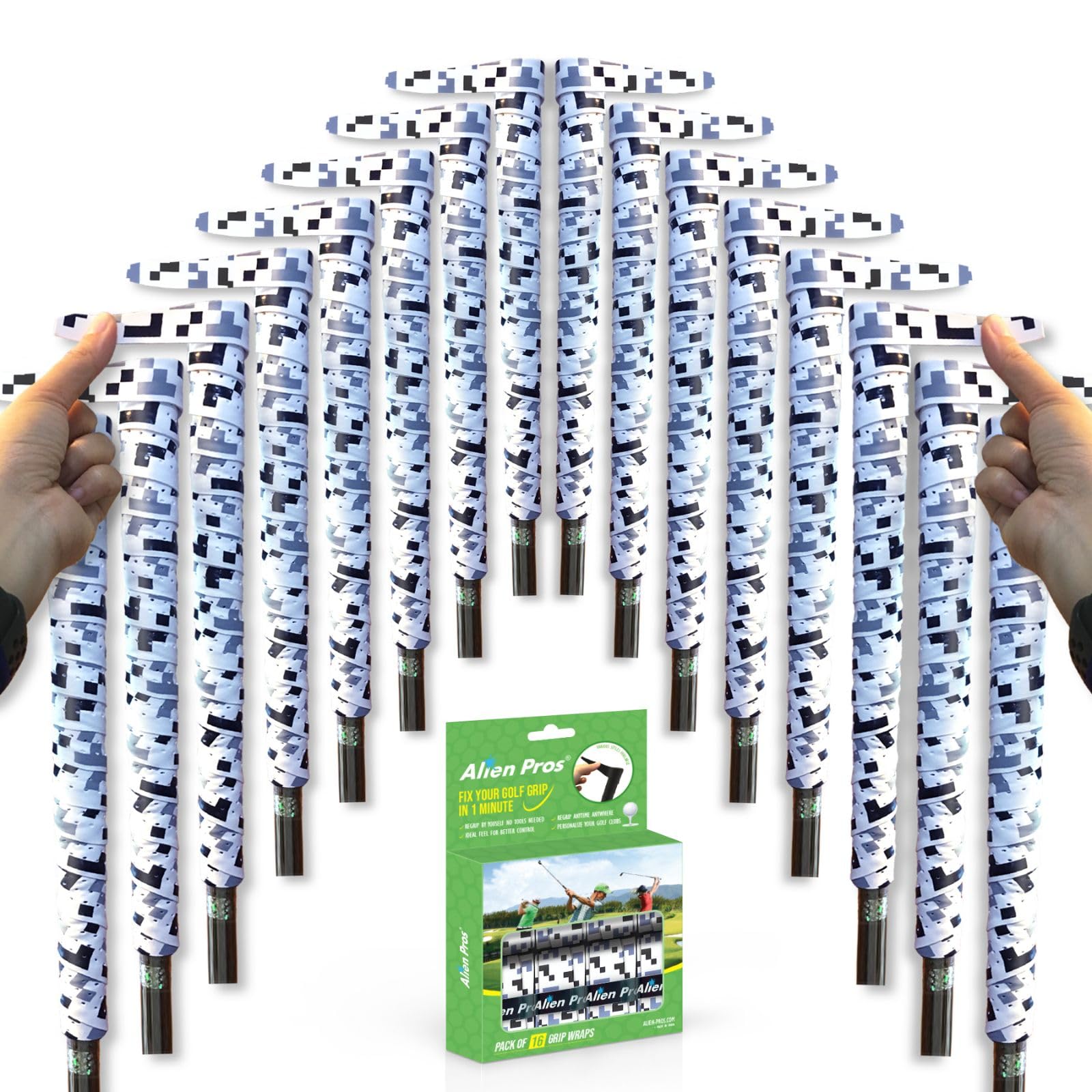 Alien Pros Golf Grip Wrapping Tapes (16-Pack) - Innovative Golf Club Grip Solution - Enjoy a Fresh New Grip Feel in Less Than 1 Minute (16-Pack, Black White Tetris)