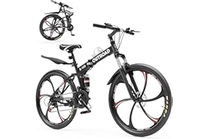MarKnig 26 Inch Adult Folding Mountain Bike, 21 Speed Foldable Bicycle with Full Suspension, High Carbon Steel Frame, Folding Bikes for Men/Women/Teen, Dual Disc Brake