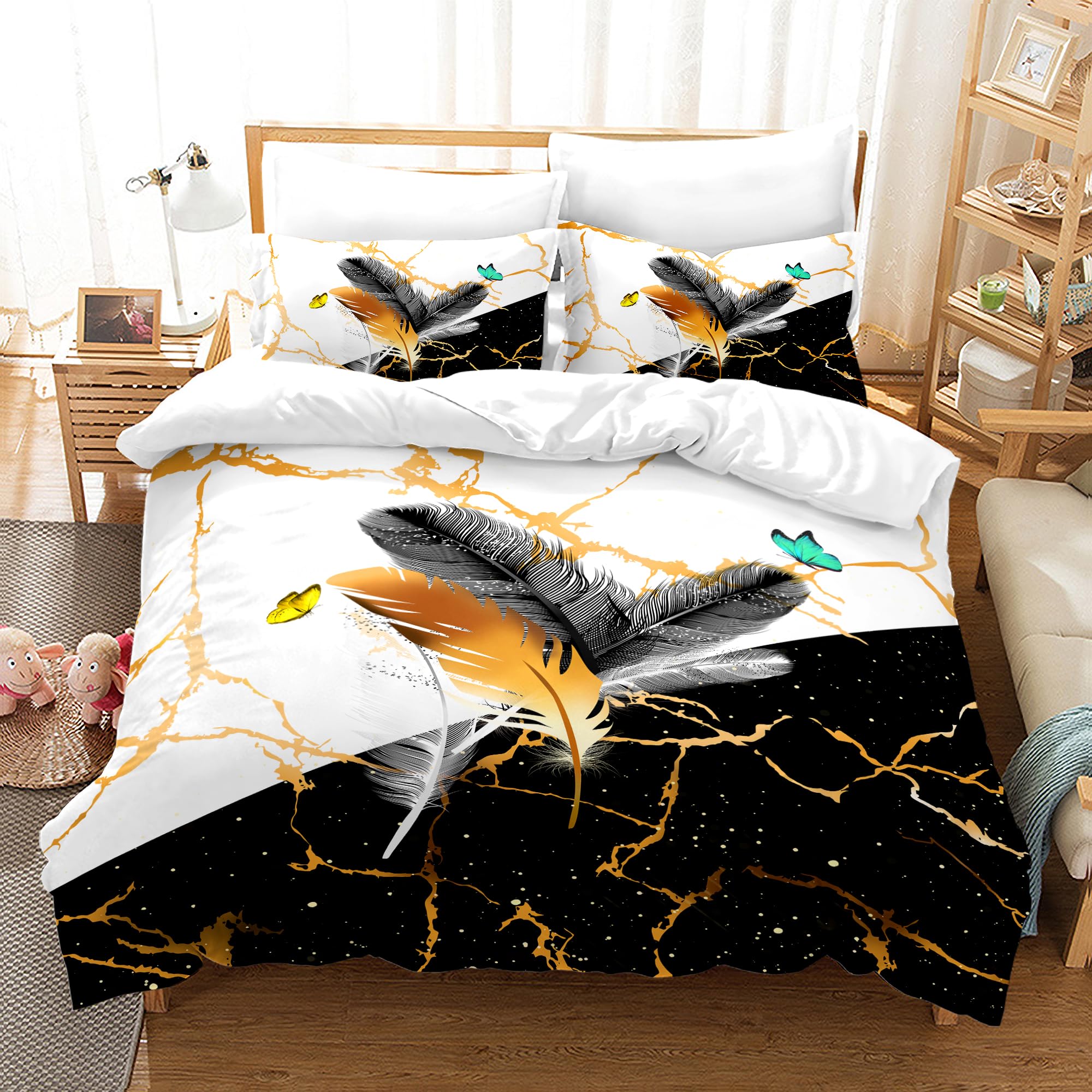 KAIDAARTLH Feather bedding set, boho floral bedding dream catcher for double bed, microfibre 3D print soft comfortable with 2 pillowcases (Feathers, 200x200cm)