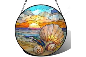 AMDERVEN Stained Glass Window Hanging - Colorful Beach Shells Conch Sun Catcher for Door Home Decor Ocean Suncatcher Christmas Mother's Day Birthday Sea Lover Gifts for Women Men Mom Nana 6.3 in