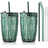 Joeyan 14.5 oz Green Tumbler with Lid and Straw,Striped Iced Coffee Glass Cups,Colored Smoothie Tea Drinking Jar,Portable Water Juice Beverages Soda Glasses,Set of 2,Dishwasher Safe