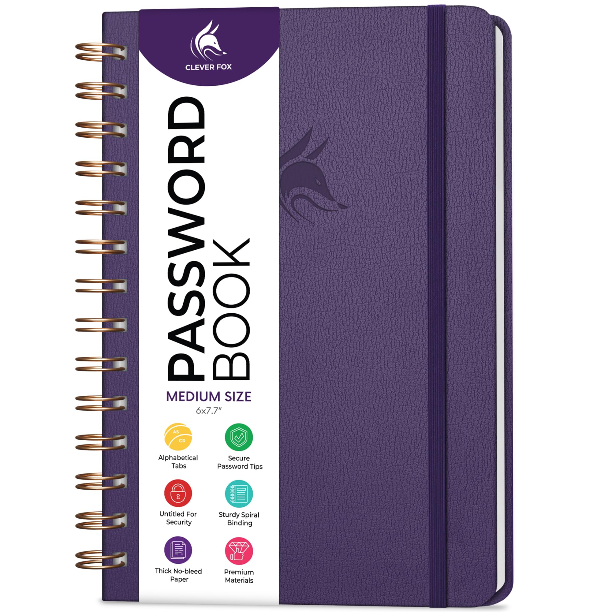 Clever Fox Password Book Spiral – Internet Address Log Book with Alphabetical Tabs, Password Keeper & Organizer - Medium 15.5x19.6cm (Purple) — image 1