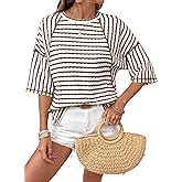 Dokotoo Womens Summer Tops Oversized Tshirts for Women Striped Color Block Short Sleeve T Shirts Crewneck Casual Tee Blouses