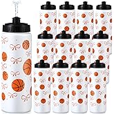 CHENGU 12 Pcs Water Bottle Bulk 20 oz Pink Bow Sports Ball Bottle Reusable Squeeze Plastic Easy Carry Leak Proof Cup Accessories for Team Sports Players Lovers Gym Party Favors Gifts (Basketball)
