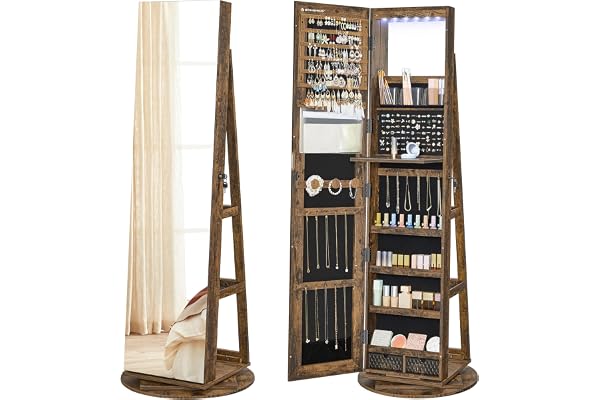 SONGMICS 6 LEDs Lockable Mirror Jewelry Cabinet, 360° Swivel Jewelry Organizer, Rustic Brown Surface, Black Lining UJJC007X01