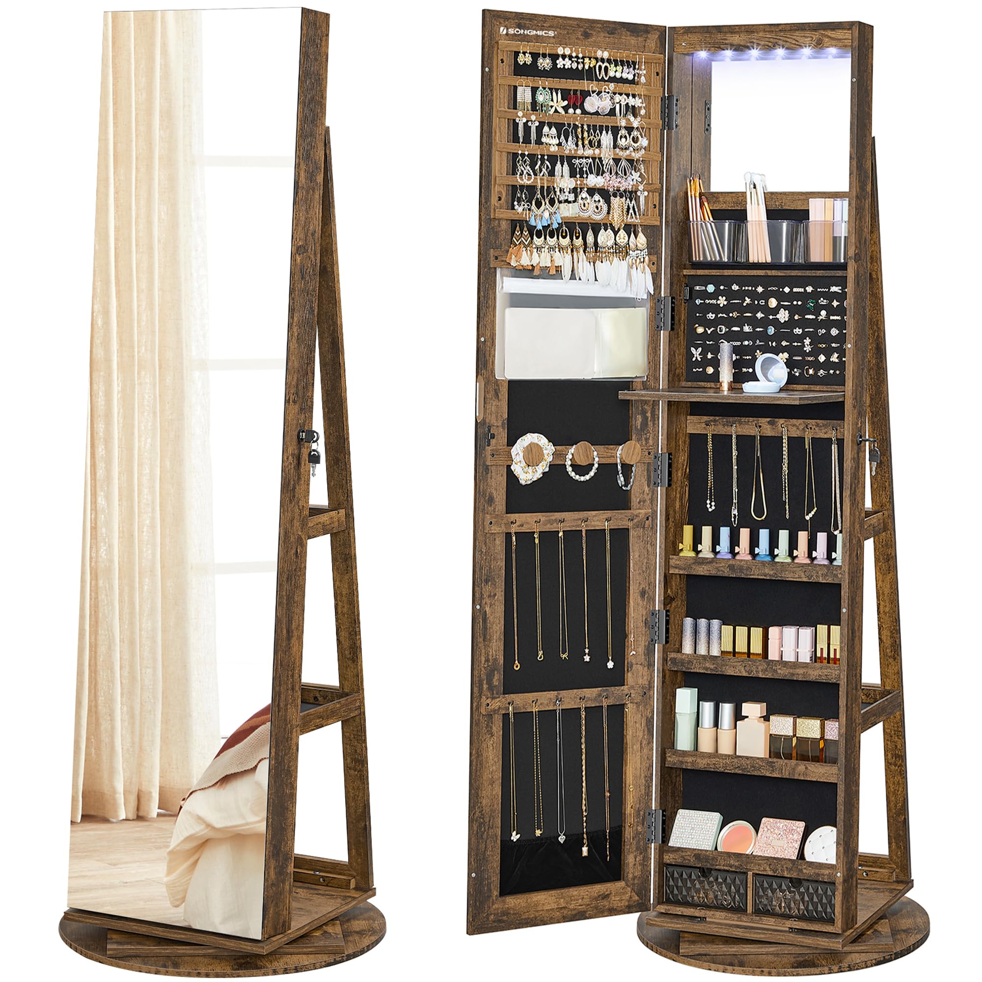 SONGMICS 6 LEDs Lockable Mirror Jewelry Cabinet, 360° Swivel Jewelry Organizer Armoire Standing, Frameless Full-Length Mirror, 3 Storage Shelves, Rustic Brown Surface, Black Lining UJJC007X01 Image