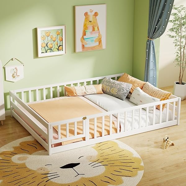 Lit De Sol Enfant Forme Maison 140x200 Cm - Cadre Bois Massif Pin - Sans Matelas - Gris - Pour Fille/Garçon