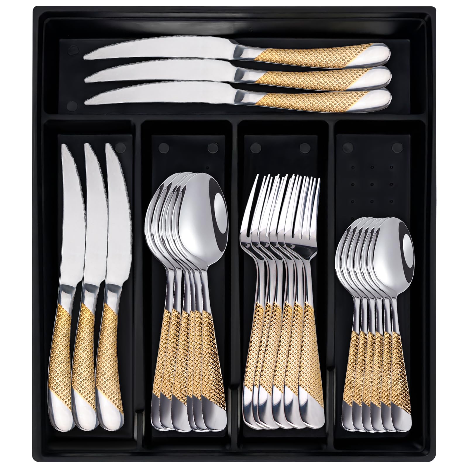 Photo 1 of 24-Piece Silverware Set with Organizer, Stainless Steel Flatware for 6, Cutlery Utensil Sets with Antiskid Handle, Rust-proof Stainless Steel Cutlery, Mirror Polished,Dishwasher Safe (Gold-silver)