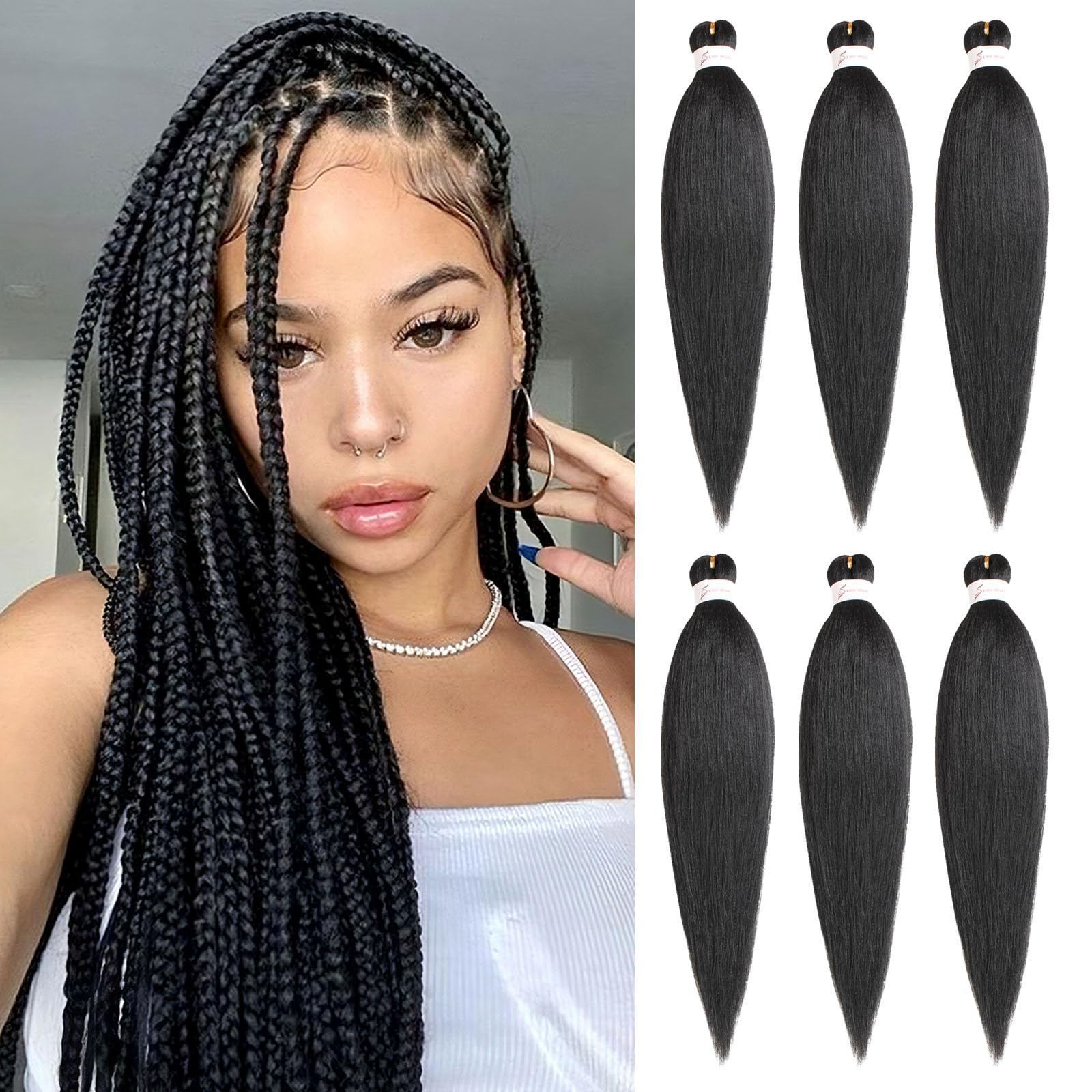 Samtress Braiding Hair 16 Inch 6 Packs Natural Black Pre Stretched Easy Braid Soft Yaki Texture Kanekalon Synthetic Fiber Hot Water Setting Crochet Braids Hair Extensions (#1B) — image 1