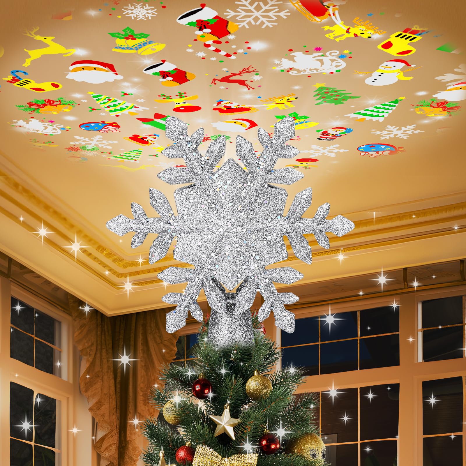 Photo 1 of Christmas Tree Topper Lighted with 6 Projection Slides, PliMook Snowflake Christmas Tree Topper LED Rotating 3D Lighted Tree Toppers Glitter Tree Topper Projector for Christmas Tree(Silver)