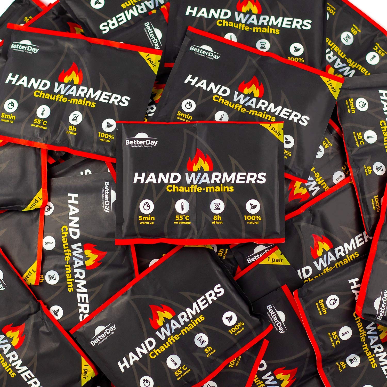 [NEW!] BetterDay® premium hand warmers with covers 100% natural - 80 pocket warmers (40 pairs) up to 62°C lasts up to 10 hours - Air activated warmers - Hand warmer value pack