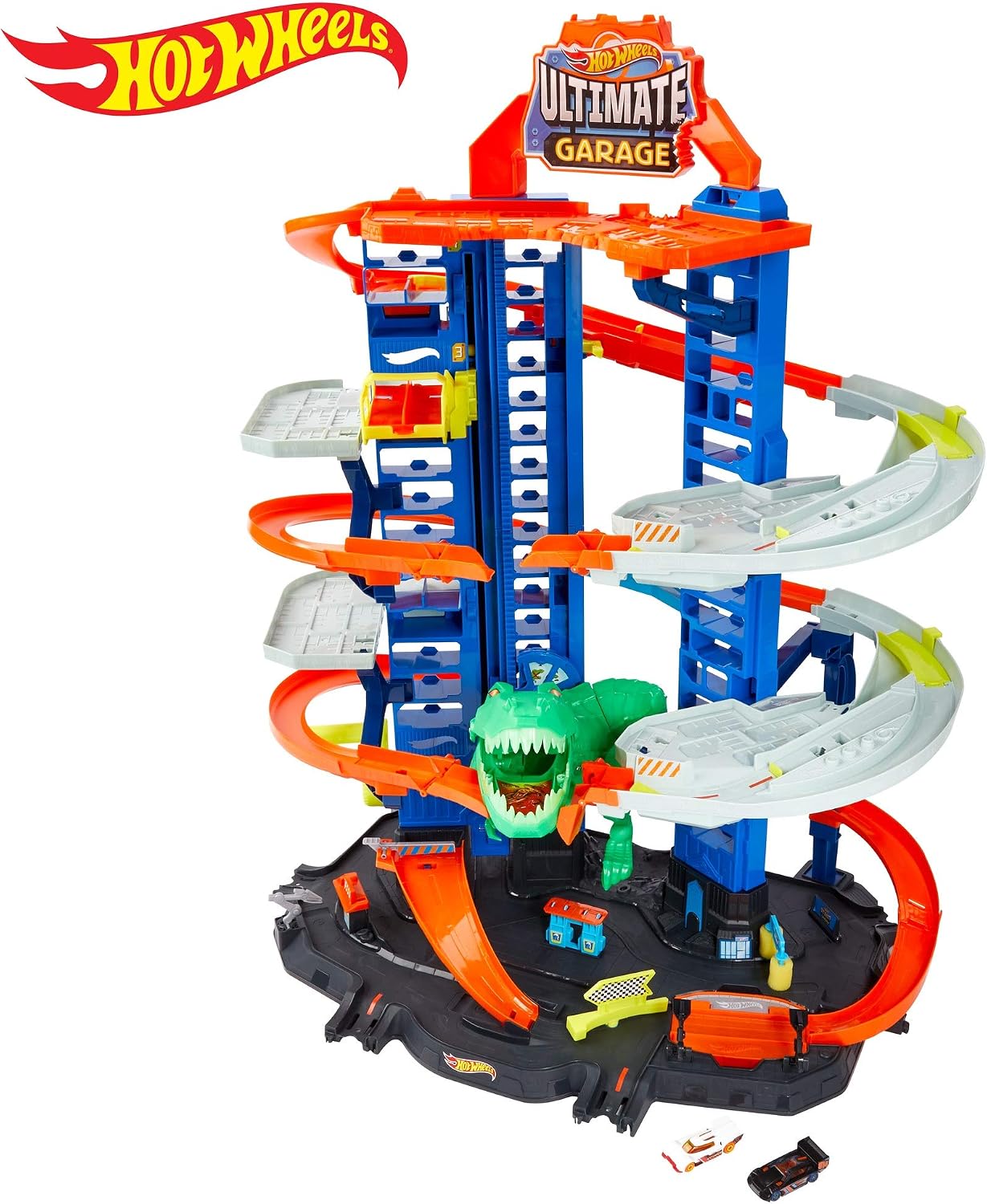 Hot Wheels City Ultimate Garage Playset with Multi-Level Racetrack, 91 cm Tall Moving T-Rex Dinosaur, Parks 100 Cars - Image 4