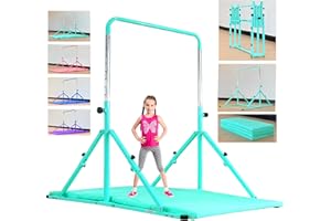 MARFULA Foldable Gymnastic Bar for Kids Ages 3-12, 9 Height Levels, 200 lbs Weight Capacity, 5 Ft Length Gymnastic Kip Bar with Mat, Gymnastic Equipment for Home and Gym Center Indoor Outdoor Use