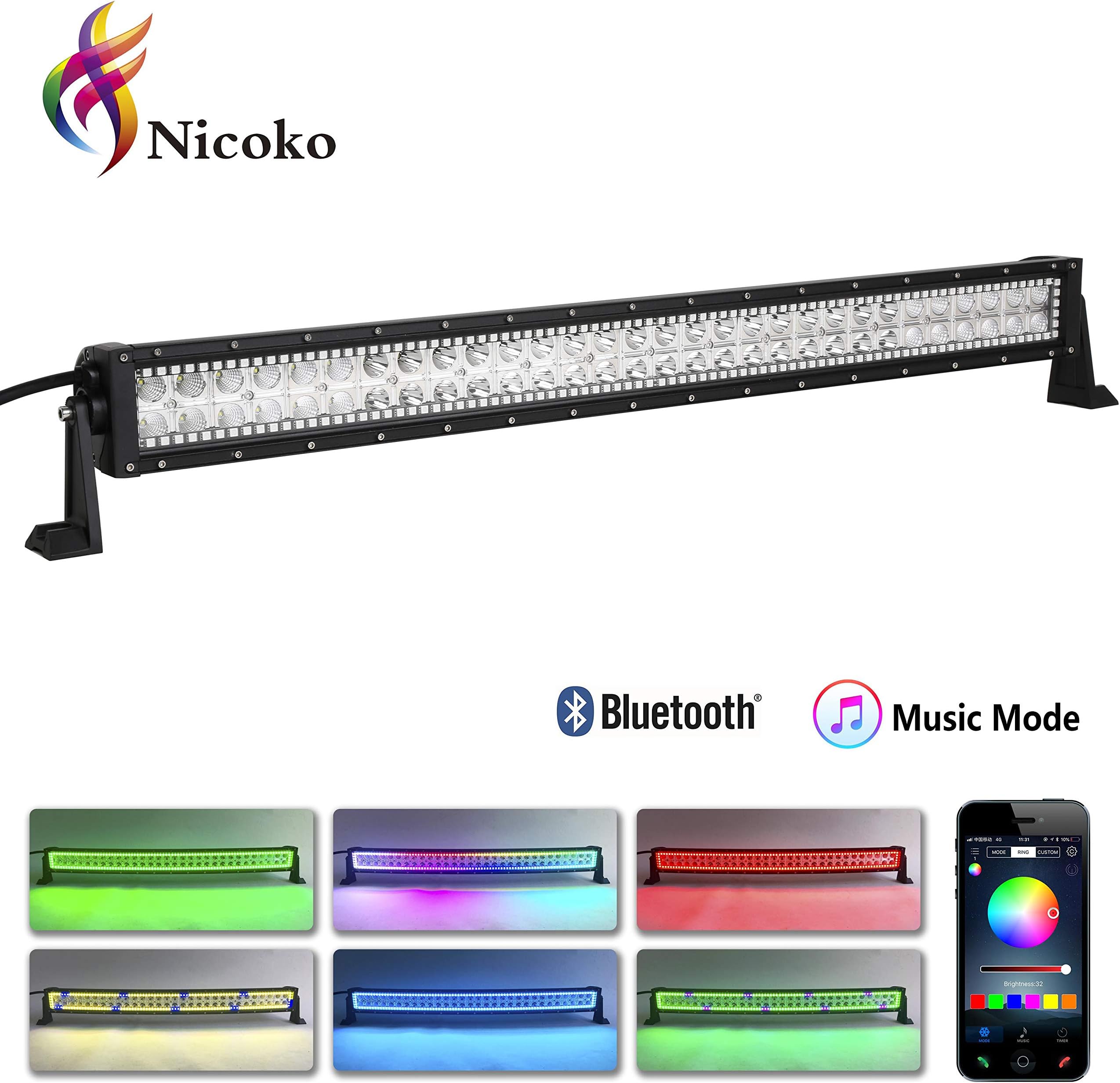 Nicoko 32inch 180W Combo Beam Led Light bar with RGB Chasing Bluetooth Controlled Over 300 Modes Color Changing Off Road Light Bar for Jeep Cabin Boat SUV Truck Car ATVs ,1 Year Warranty