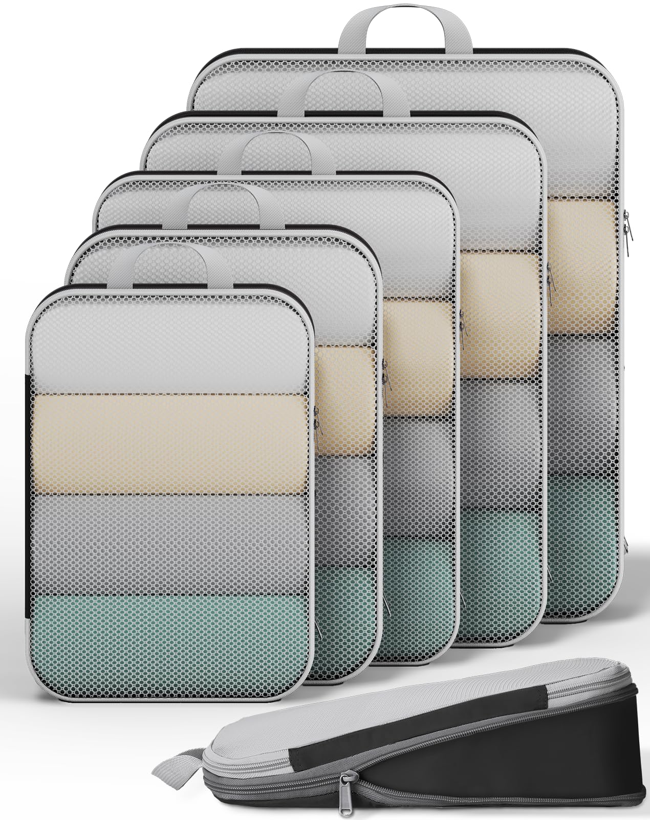 Veken 6/9/11 Set Compression Packing Cubes for Travel Essentials,Compressible Expandable Large Luggage Suitcase Organizer Bags for Clothing,Durable Space Saver Storage Bags(Black) Image