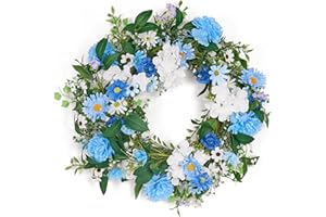 GENMOUS & CO. GENMOUS 24 Inch Summer Spring Blue Daisy Wreath for Front Door, Rustic and Farmhouse Flower Wreath with Myosotis sylvatica, Indoor&Outdoor Wedding Wall Home Decor