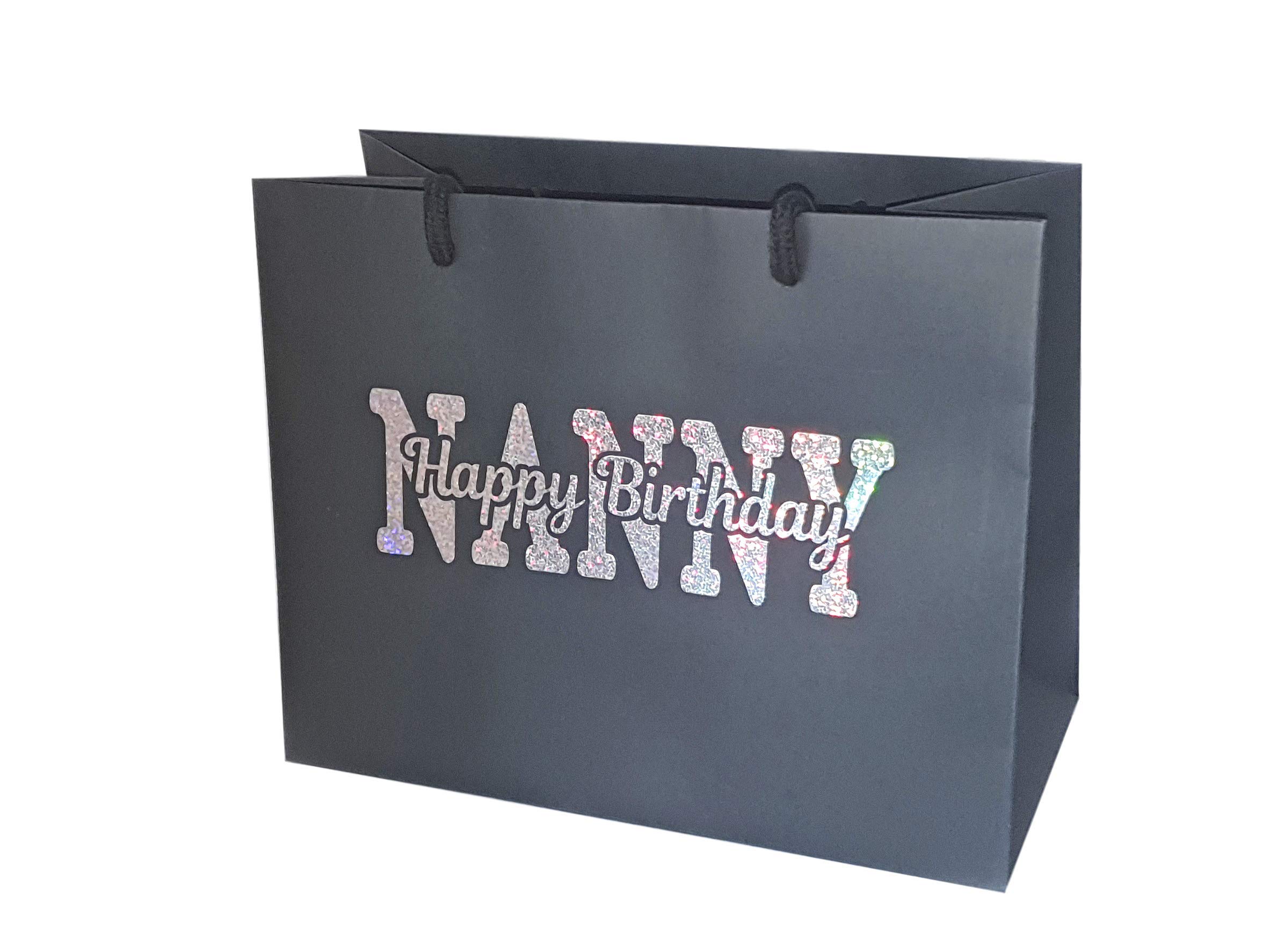 Nanny Happy Birthday Gift Bag - Holographic Glitter Gift Bag with Rope Handles and Tissue Paper - Birthday Ideas Nan (Large)