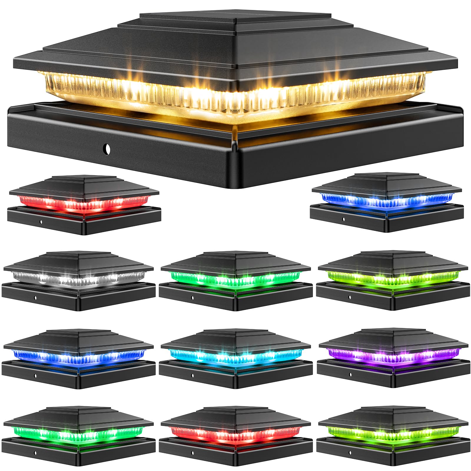 Photo 1 of 12Pack Solar Post Cap Lights - 8 RGB Color Changing Modes & Multicolor Flow, IP65 Waterproof - for 4x4/6x6 Wood & 4x4/55 Vinyl Fence Posts - Outdoor Deck, Patio, Garden Lights (Black)