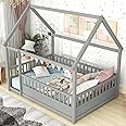 Kids Montessori House Bed, Full Size, Wood Floor Bed Without Slats, High Fence - Gray Full