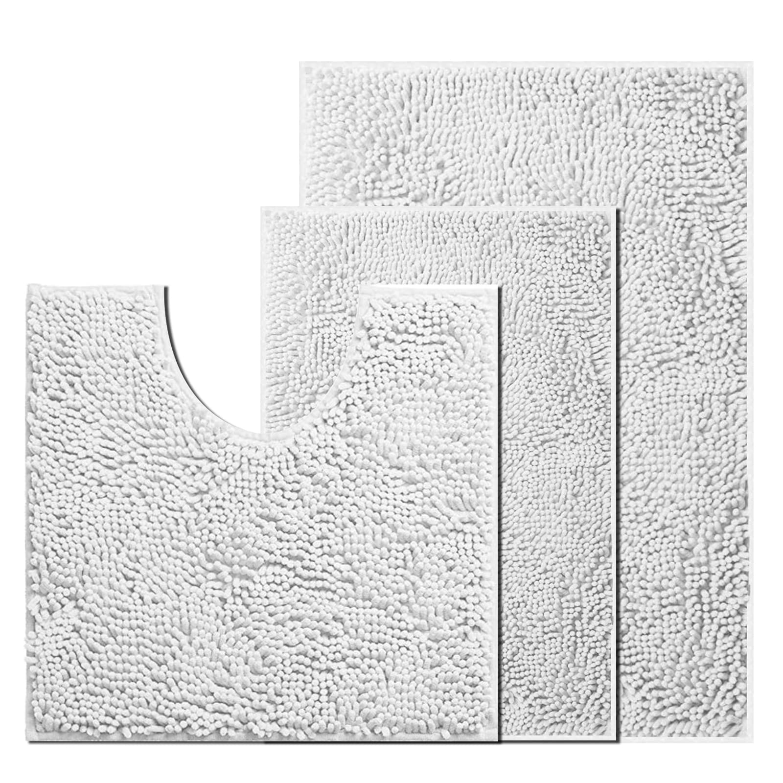 UHouseST Bath Mat Set (3pcs) - Non Slip Chenille Bath Mats, Extra Soft, Water Absorbent, Pedestal & U Shaped Bathroom Toilet Rugs, Machine Washable, White