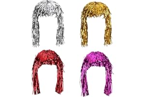 Sumind 4 Pieces Foil Tinsel Wigs Fancy Dress Shiny Party Wig Adults Metallic Cosplay Supplies (Gold, Silver, Red and Pink)