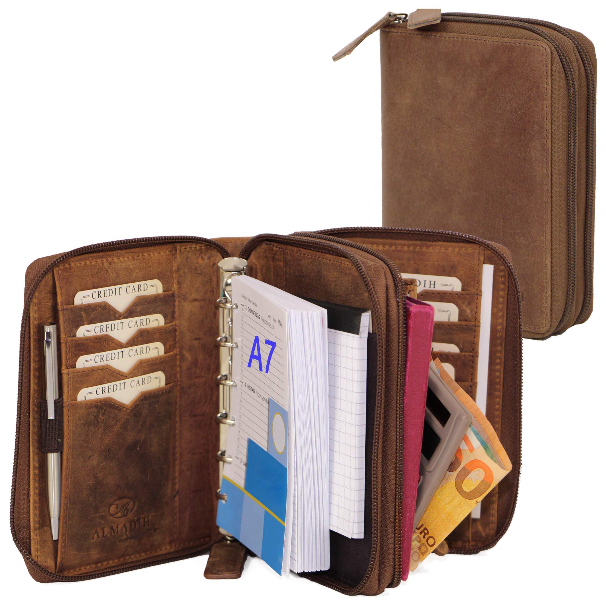 ALMADIH Leather A7 Organizer with 2 compartments, Double Zipper, Calendar 2025 + Writing Pad, Premium Cow Leather brown vintage - Personal Planner Conference Folder System Ring Binder Portfolio