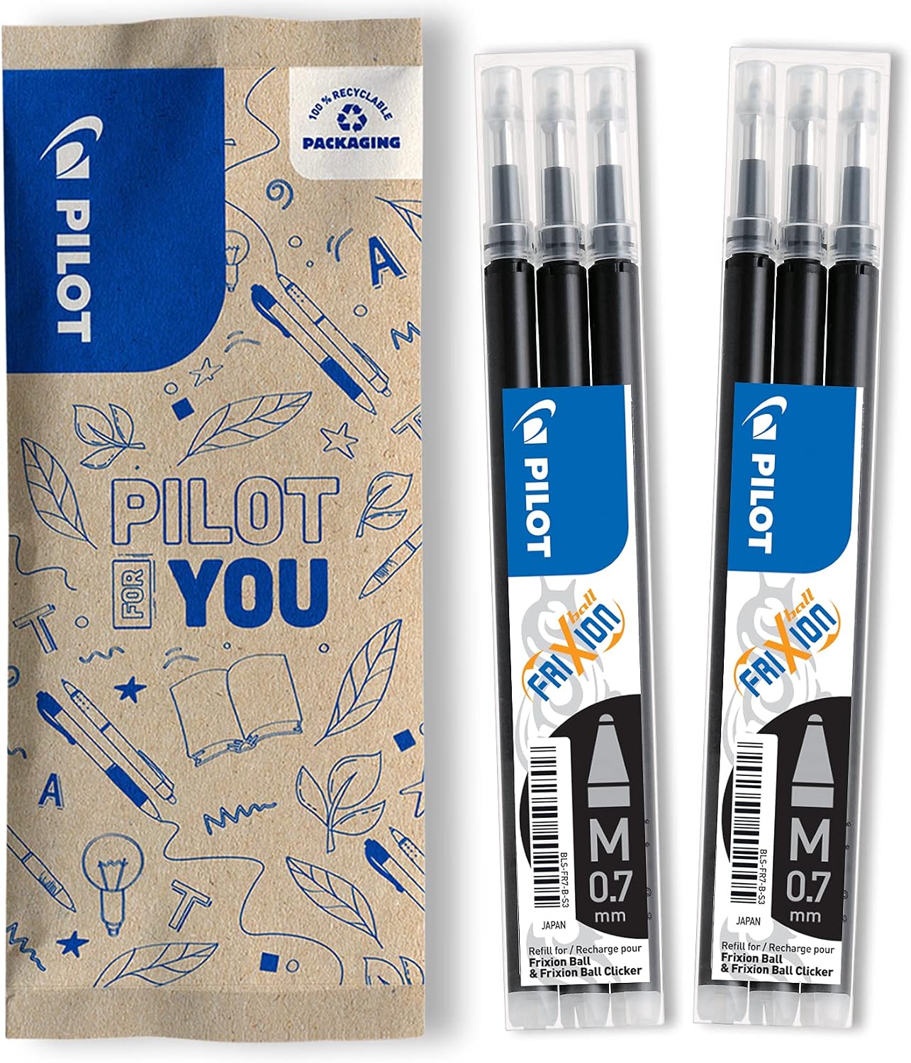 PILOT - Pack of 2 sets of 3 Refills 0,7 - Erasable ink for Frixion - Medium - Black, 3 count (Pack of 2)