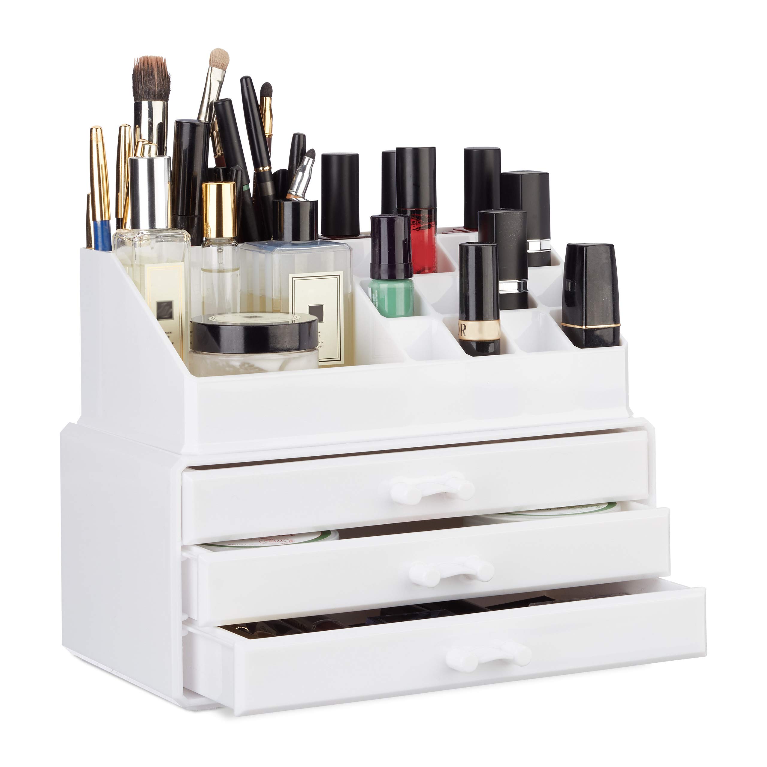 Relaxdays Small Makeup Organizer, 2-Piece Cosmetics Storage with Drawers, Stackable Makeup Shelf, White — image 1