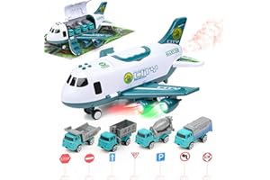 TOYTHRILL Airplane Toys for 3 Year Old with Toy Cars - Toy Plane for Toddlers with LED Flashing Jet Mist Effect, Play Mat, Lights and Sounds - Cargo Plane Toy Set for 3+ Years Old Boys and Girls