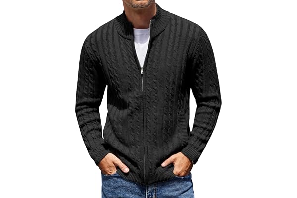 COOFANDY Men's Full Zip Cardigan Sweater Cable Knitted Slim Fit Zip Up Sweaters Long Sleeve Sweaters with Pockets