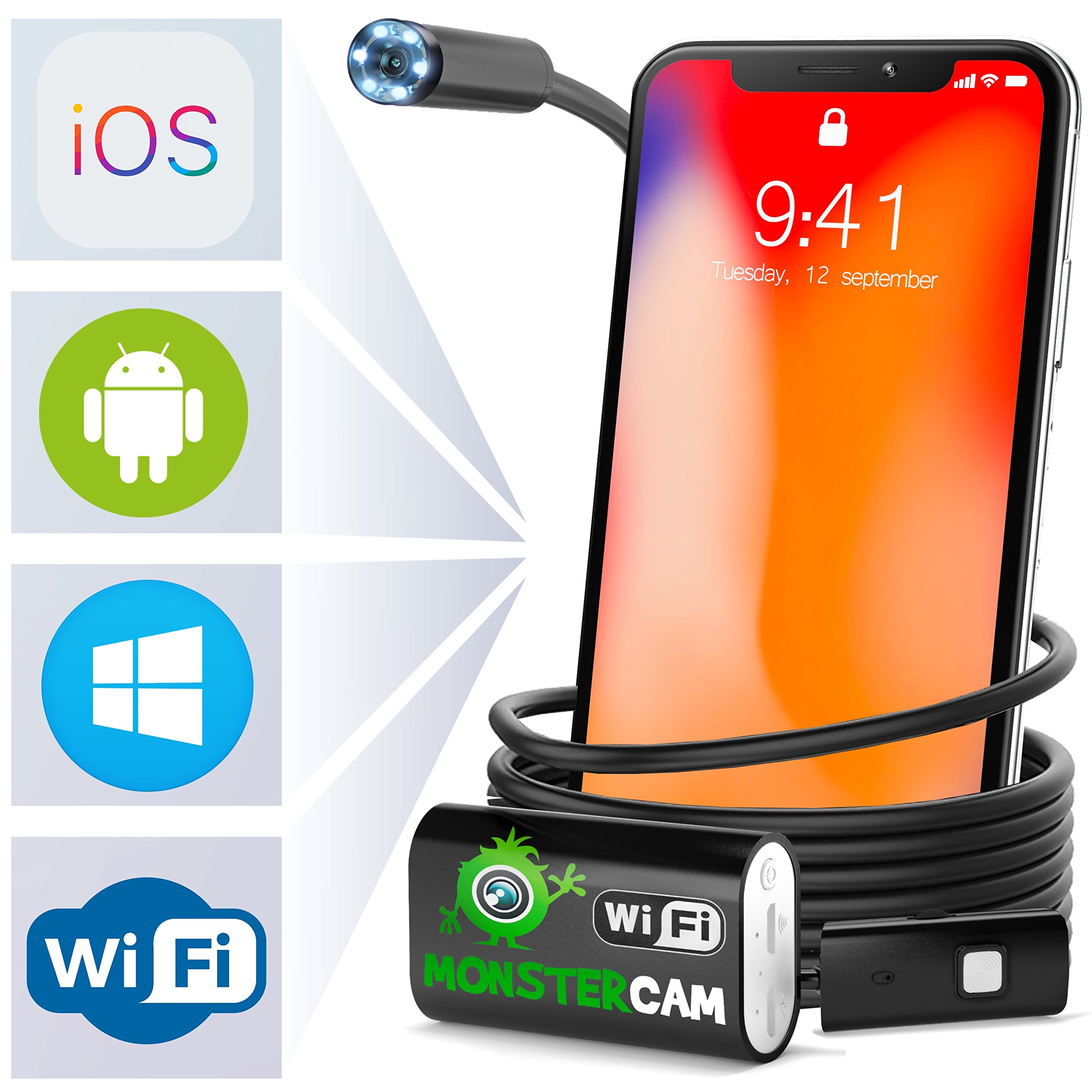 Endoscope - Endoscope Inspection camera - Borescope camera - Snake Camera Iphone 6 7 8 X Android IOS Borescope Endoscope - Wireless Waterproof Home Vehicle Welding Digital LED WiFi Endoscope HD by Monstercam