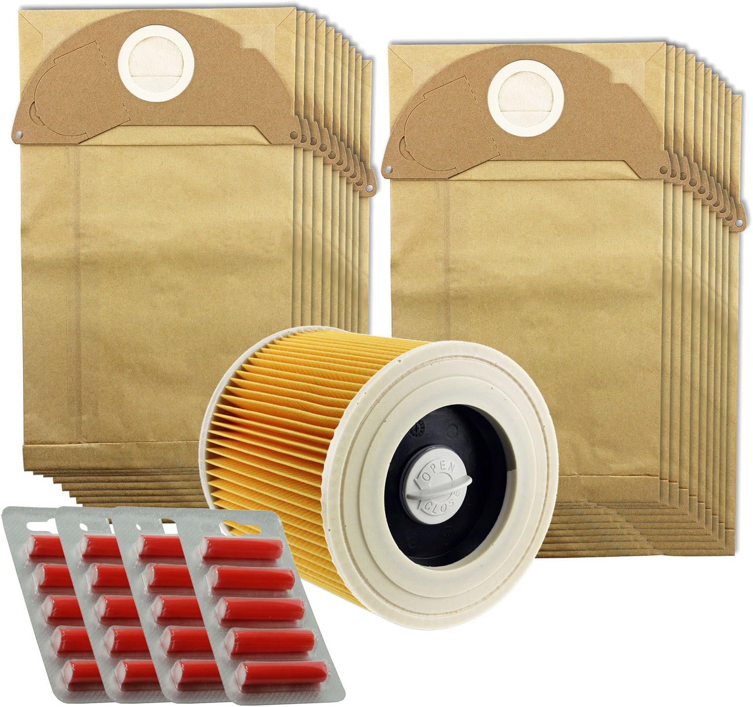 SPARES2GO Dust Bags & Filter Kit for Karcher IPX4 MV2 Vacuum Cleaners (Pack of 20 + 20 Fresheners)