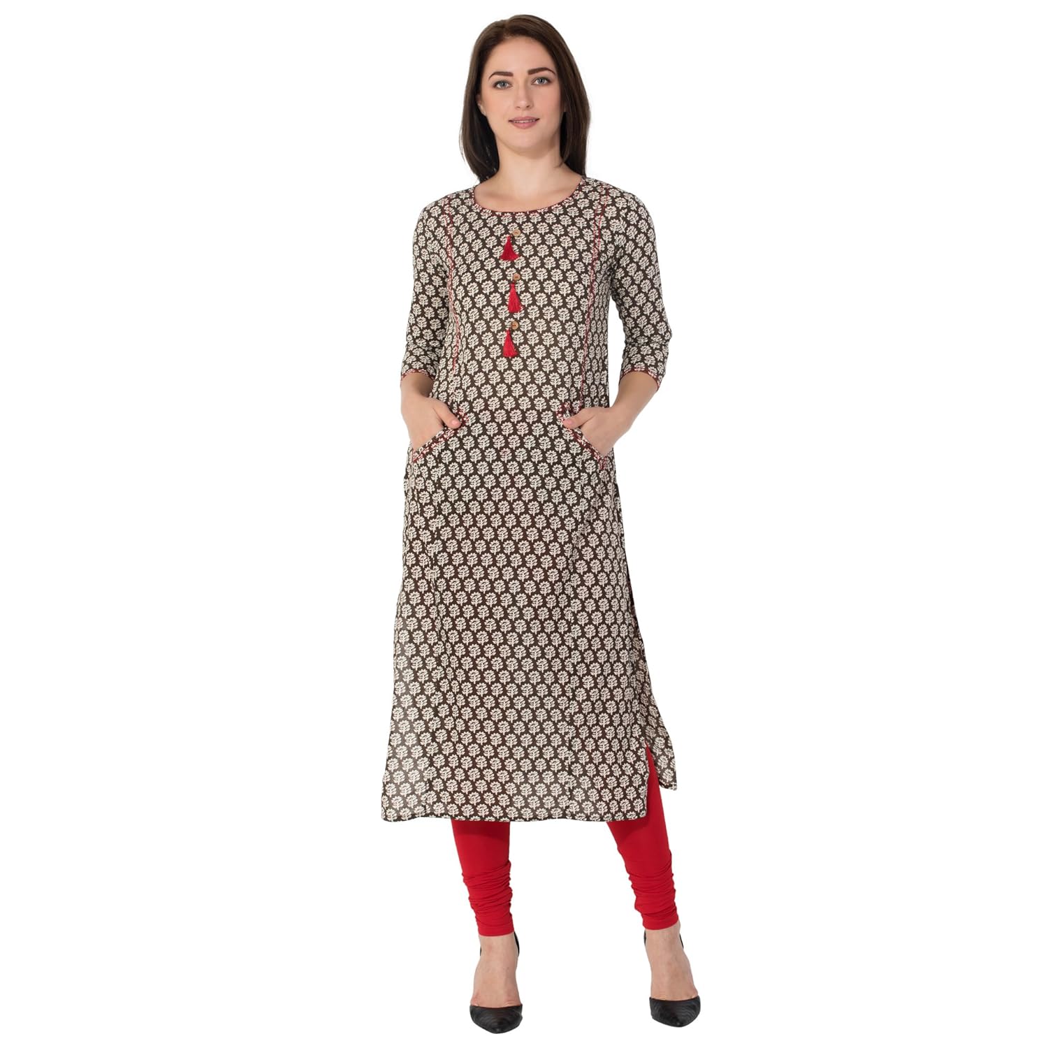 gulmohar jaipur brown color cotton round neck straight women's kurti