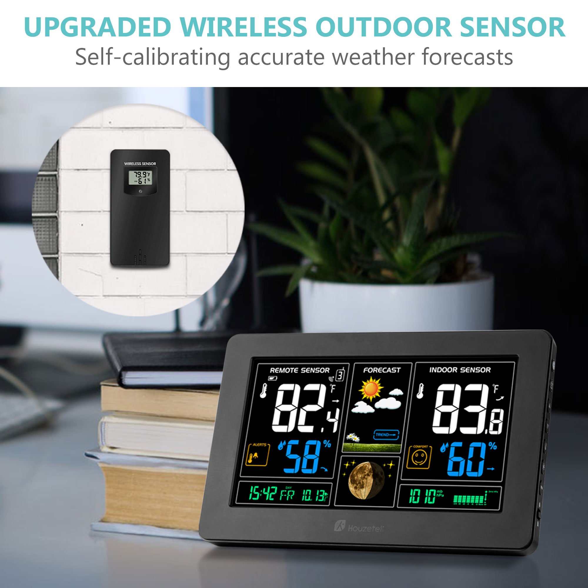 Houzetek Indoor Outdoor Weather Station, Digital Color Forecast Station with Sensor, Home Alarm Clock with Temperature Alerts, Charging USB Port, Moon Phase