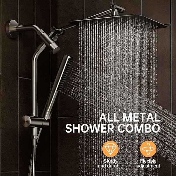 VEKEN BRUSHED NICKEL SHOWER HEAD, 10” ALL METAL RAIN SHOWER HEADS WITH HANDHELD SPRAY COMBO, HAND HELD BATHROOM COMBO WITH EXTENSION ARM, DUAL SHOWER WITH POWER WASH, ADJUSTABLE RAINFALL SHOWERHEAD