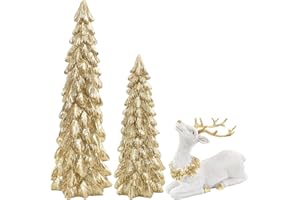 BINSUNS 3 Pack Christmas Trees and Reindeer Figurines Decoration- 2 Glittered Christmas Tree Statues and 1 Deer Vintage Christmas Decor Set, Resin Ornaments Tabletop Shelf Office Display Stand Indoor(Gold)