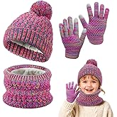 Hat and Gloves for Girls - Kids Winter Warm Soft Beanie Scarf Gloves Set with Pompom, Girls Gifts, Purple Red Mix