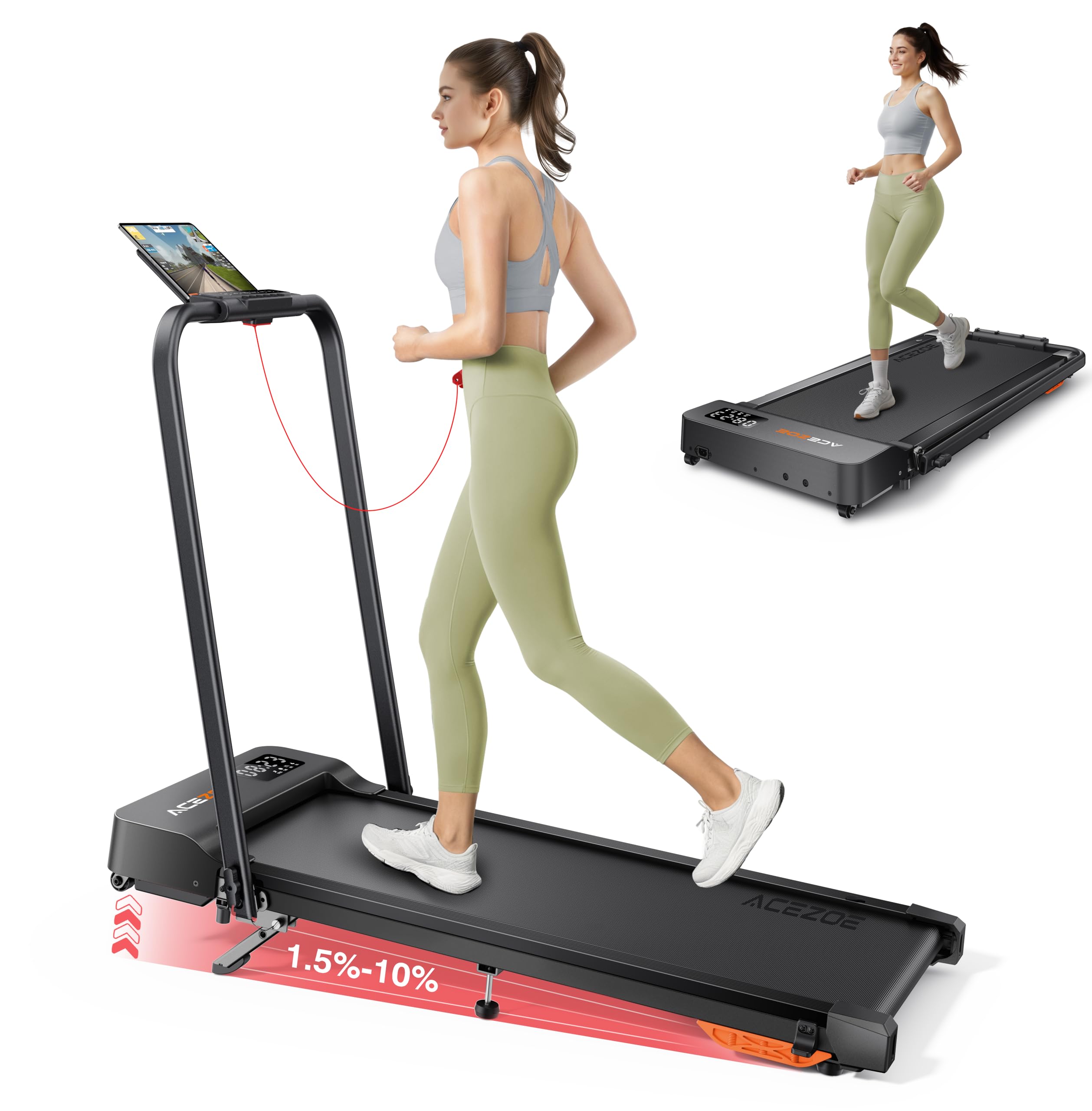 Photo 1 of ** TESTED  FUNCTIONAL // USED ** Acezoe Treadmill with 3-Level 10% Incline, 2-in-1 Foldable Walking Pad for Home Small Office, Compact Portable Under Desk Treadmill with Handle,Dual LED Display, APP & Remote, 300 lbs Capacity