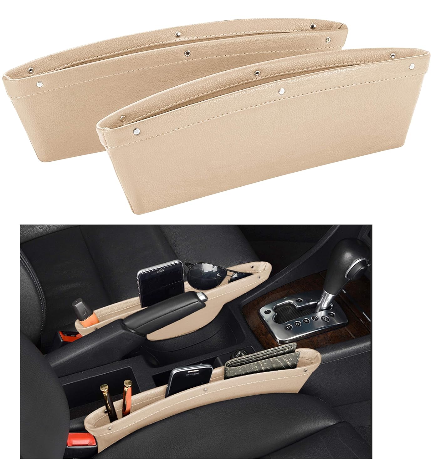 Leather Car Seat Catch Caddy- Gap Filler and Organizer in Between Front Seat and Console - Premium Quality PU Leather Accessory & Storage - (Beige)2 Pcs
