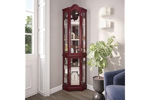 BELLEZE Lighted Corner Display Curved Top Curio Cabinet Wooden Shelving Unit with Tempered Glass Door, Bar and Liquor Storage Area with 5 Shelves - Loraine (Cherry)
