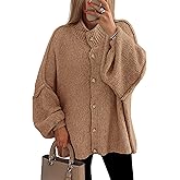 PRETTYGARDEN Women's Winter Button Down Cardigan Sweaters Mock Neck Lantern Long Sleeve Chunky Knit Jacket Trendy Outerwear