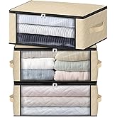 HomeHacks Storage 3-Pack Clothes Organizer Storage Bags Foldable Storage Box with Large Clear Window Sturdy Handles for Closet, Dorm, Pillows, Bedding, Clothes, Blankets, 35L, Beige