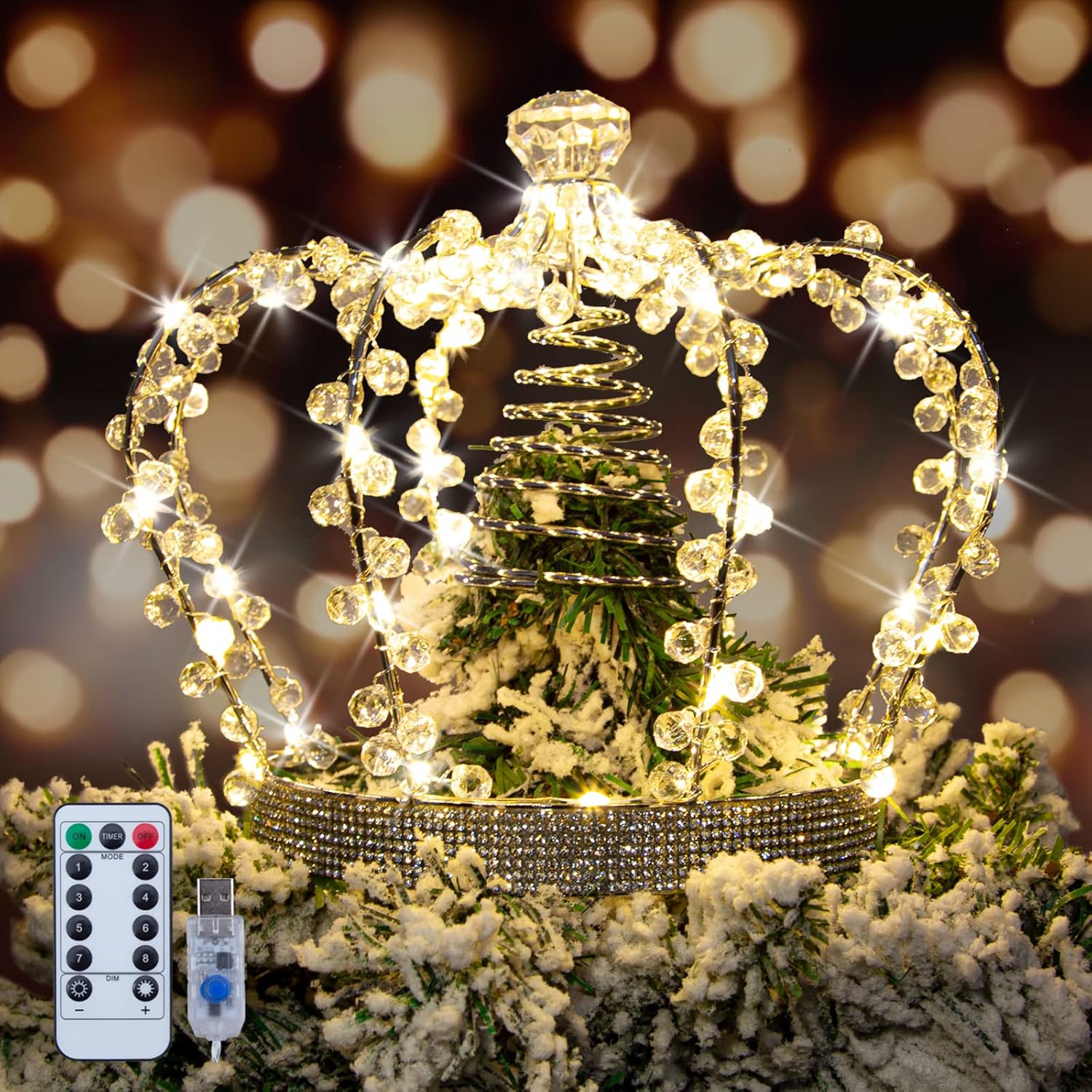 Tree Toppers - LAWOHO Christmas Tree Topper Star, Jeweled Crown with 60 Warm White LED USB Lighted Tree Topper, Xmas Tree Decor with Remote Control 8 Lighting Mode, Timer, Dimmer for Christmas Tree Ornament（Silver）