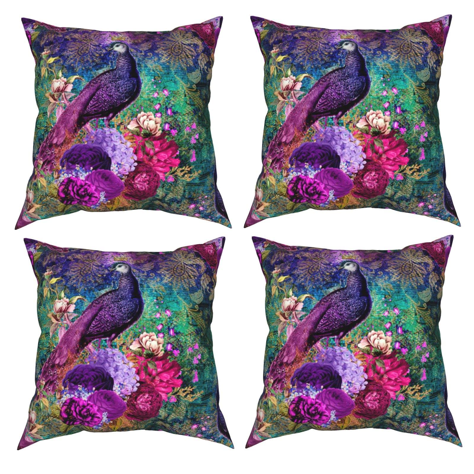 NA Set of 4 Cushion Covers, 45 x 45, Elegant Purple Teal Peacock Floral Print, Polyester for Sofa Decor, Multicolor