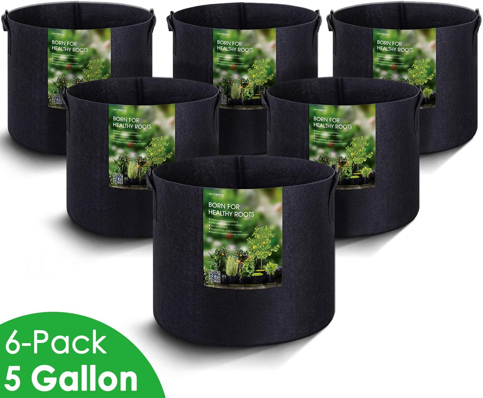 MAXSISUN 6-Pack 5 Gallon Grow Bags, Heavy Duty Thickened Non-Woven Plant Fabric Pots with Reinforced Handles for Gardening